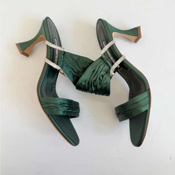 Manolo Blahnik Dark Green Gathered Satin Chinap 70mm open toe mules EU 37.5 - Picture 5 of 12